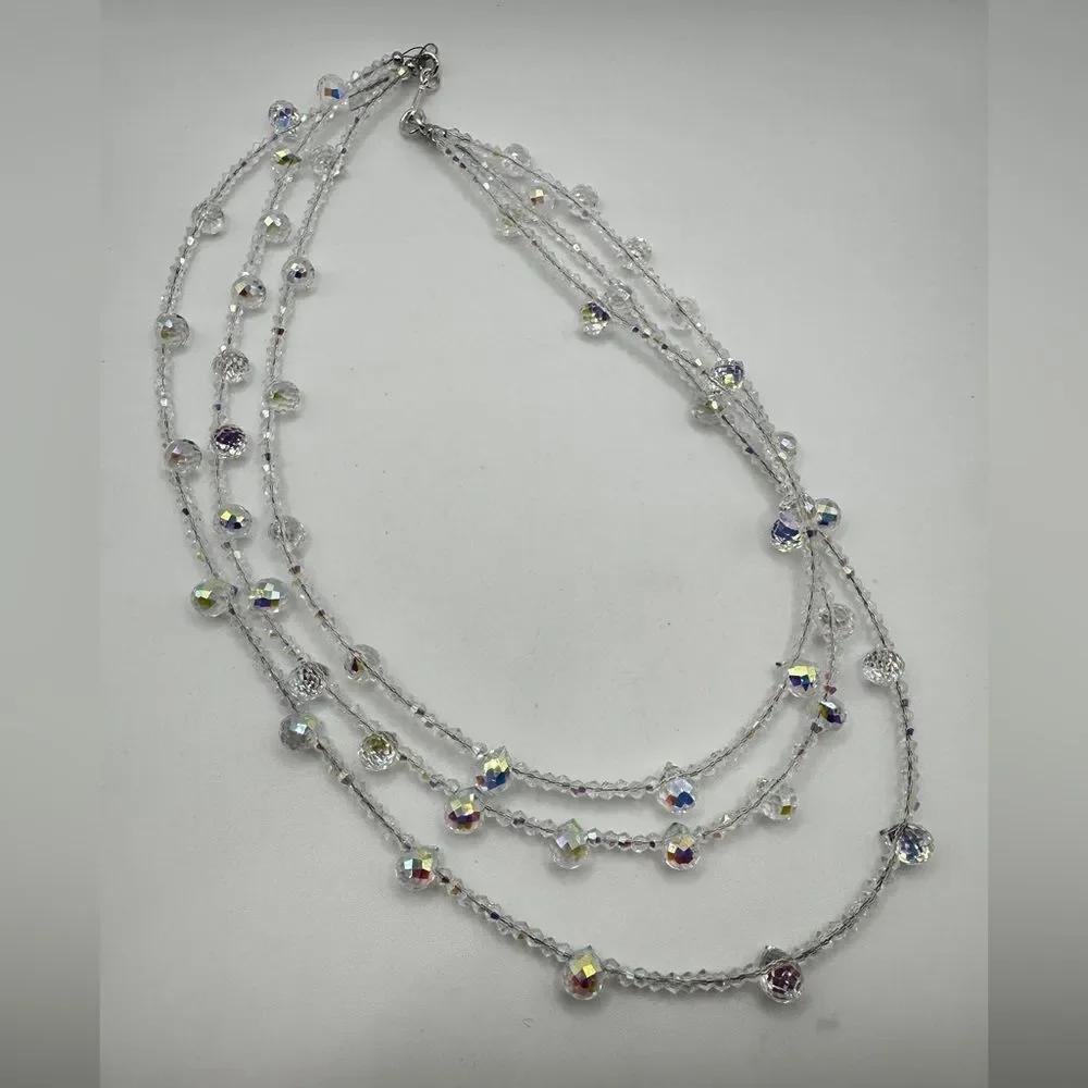 Three strands faceted glass, Aurora Borealis beaded necklace with s925 hardware!